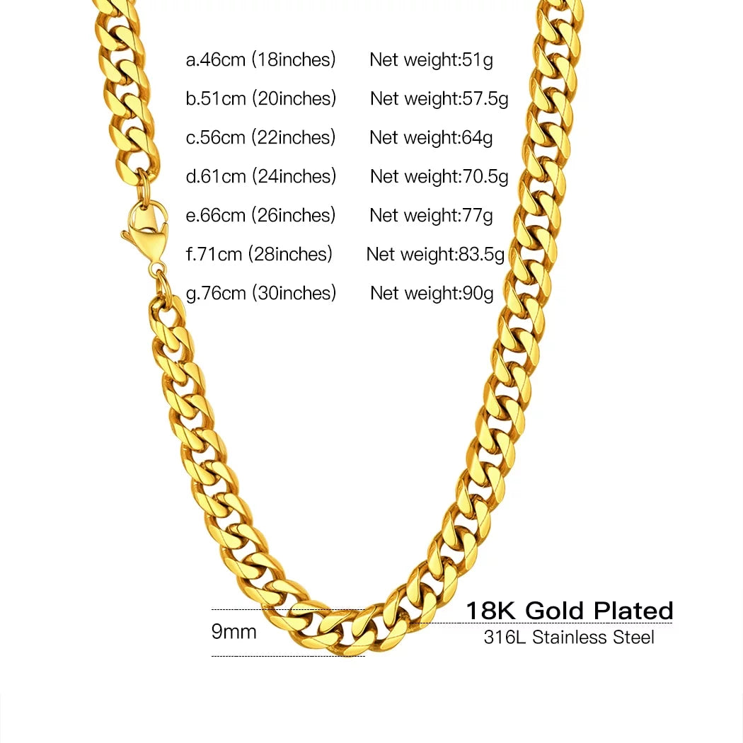 Mens Hip Hop Necklace 9Mm Miami Unisex Curb Cuban Link Chain，316L Stainless Steel