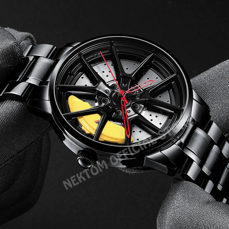 NEKTOM Men's Luxury Sports Car Quartz Wristwatch - Waterproof Design with Rim Hub Wheel Aesthetic