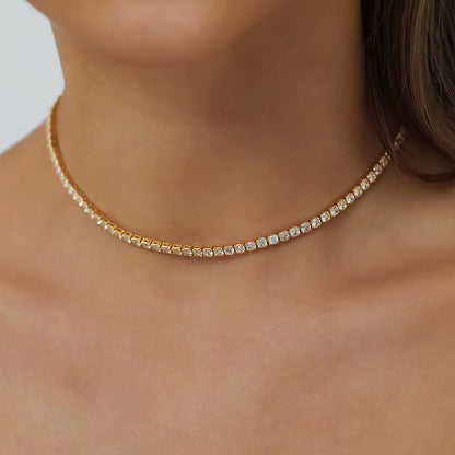 2mm Moissanite Tennis Necklace for Women, S925 Silver Plated with 18K Gold, Sparkling Rhinestone Choker Chain, Adjustable Wedding Jewelry