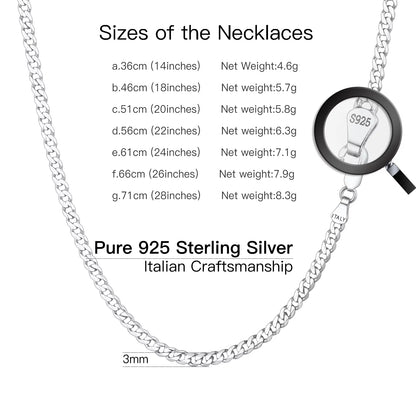 925 Sterling Silver 3mm Flat Curb Cuban Link Chain Necklace for Men and Women