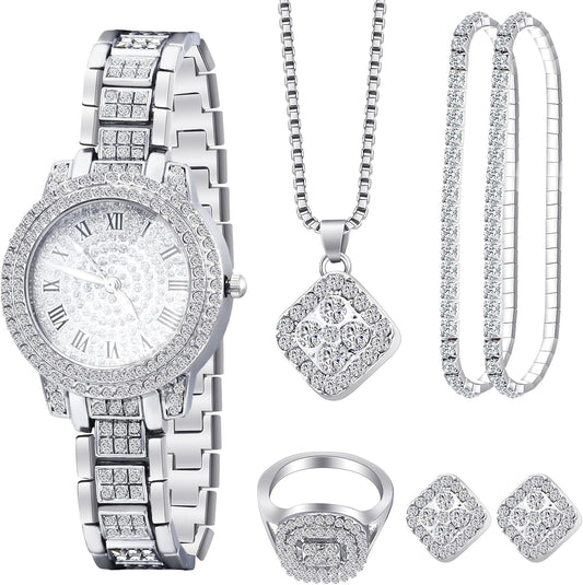 7 Pcs Luxury Women Watch and Bracelet Set Elegant Rhinestone Jewelry Quartz Watch and Women'S Wrist Bangle Diamond Ring Necklace Earrings Set with Box for Wife Ladies Gift