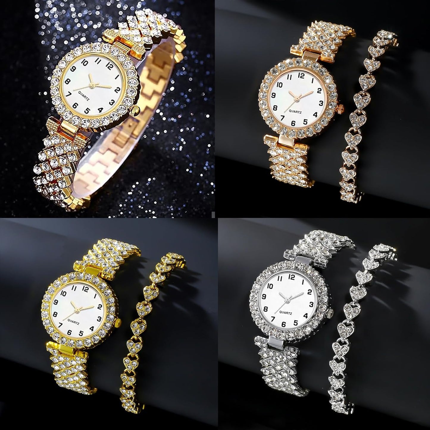 6 Pack Set Diamond Watches and Bangle Bracelet for Women Analog Quartz Wristwatch Jewelry Assorted Wholesales Silver Rosy Gold Ladies