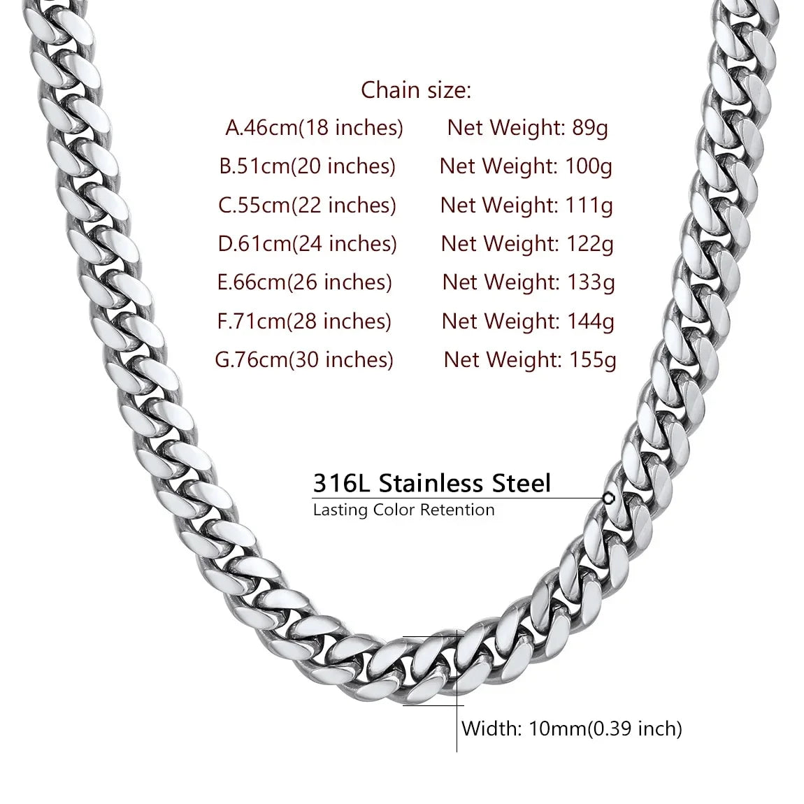 Men's 10mm Stainless Steel Cuban Link Chain Necklace, 18-Inch Hip Hop Jewelry