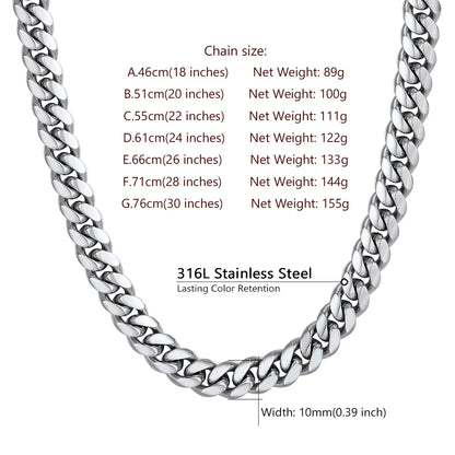 Men's 10mm Stainless Steel Cuban Link Chain Necklace, 18-Inch Hip Hop Jewelry