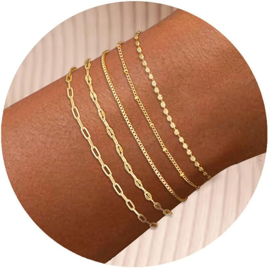 Gold Bracelets for Women, Trendy Adjustable 14K Gold Plated Stackable Link Bracelet, Dainty Thin Paperclip Chain Bracelets Stack Set