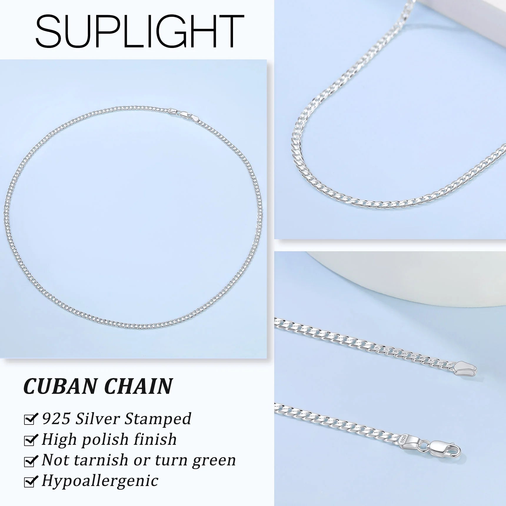 925 Sterling Silver 3mm Flat Curb Cuban Link Chain Necklace for Men and Women