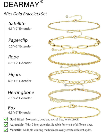 Gold Bracelets for Women Waterproof, 14K Real Gold Jewelry Sets for Women Trendy Thin Dainty Stackable Cuban Link Paperclip Chain Bracelet Pack Fashion Accessories Gifts for Womens