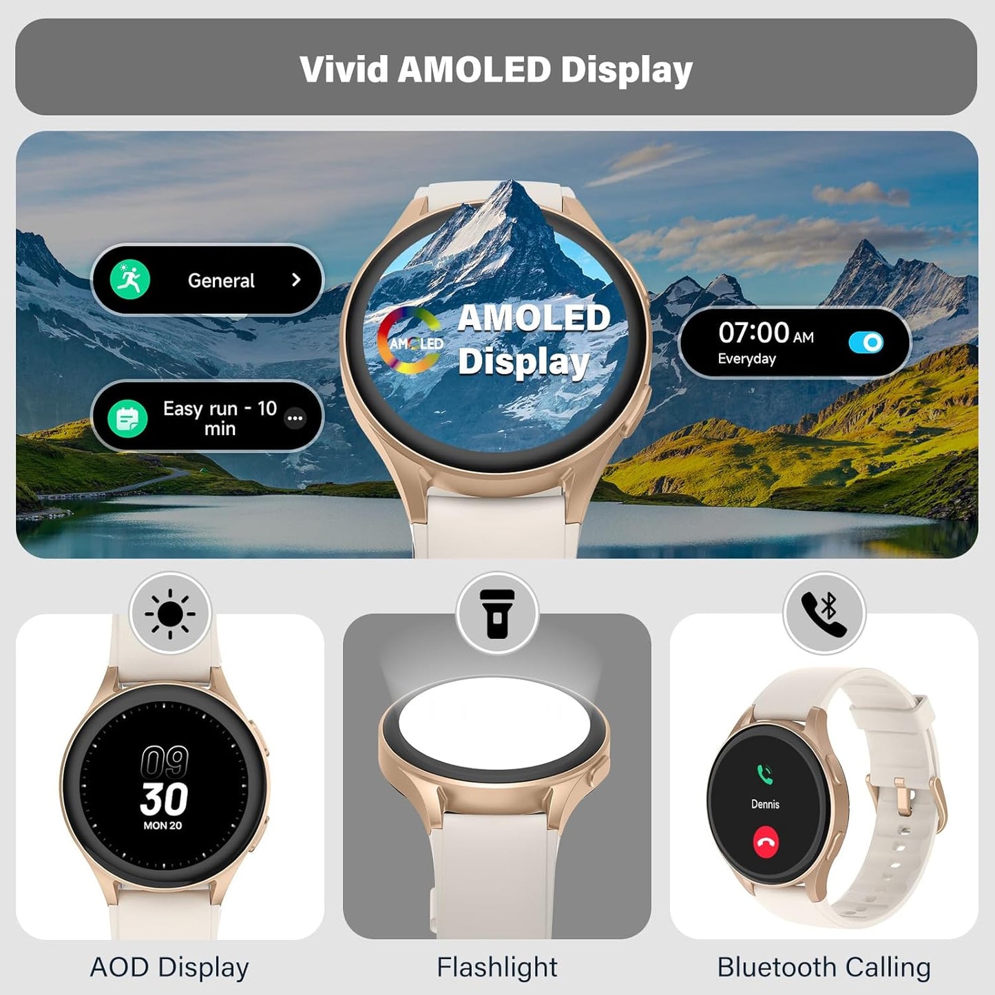 Smartwatch, Built-In Alexa, GPS, VO2 Max, HRV, Blood Oxygen, Sleep Monitoring, Women'S Health, Custom Reminders, Sports Tracking, 1.32" AMOLED, Compass, Altimeter (Bluetooth, Gold, 43Mm)