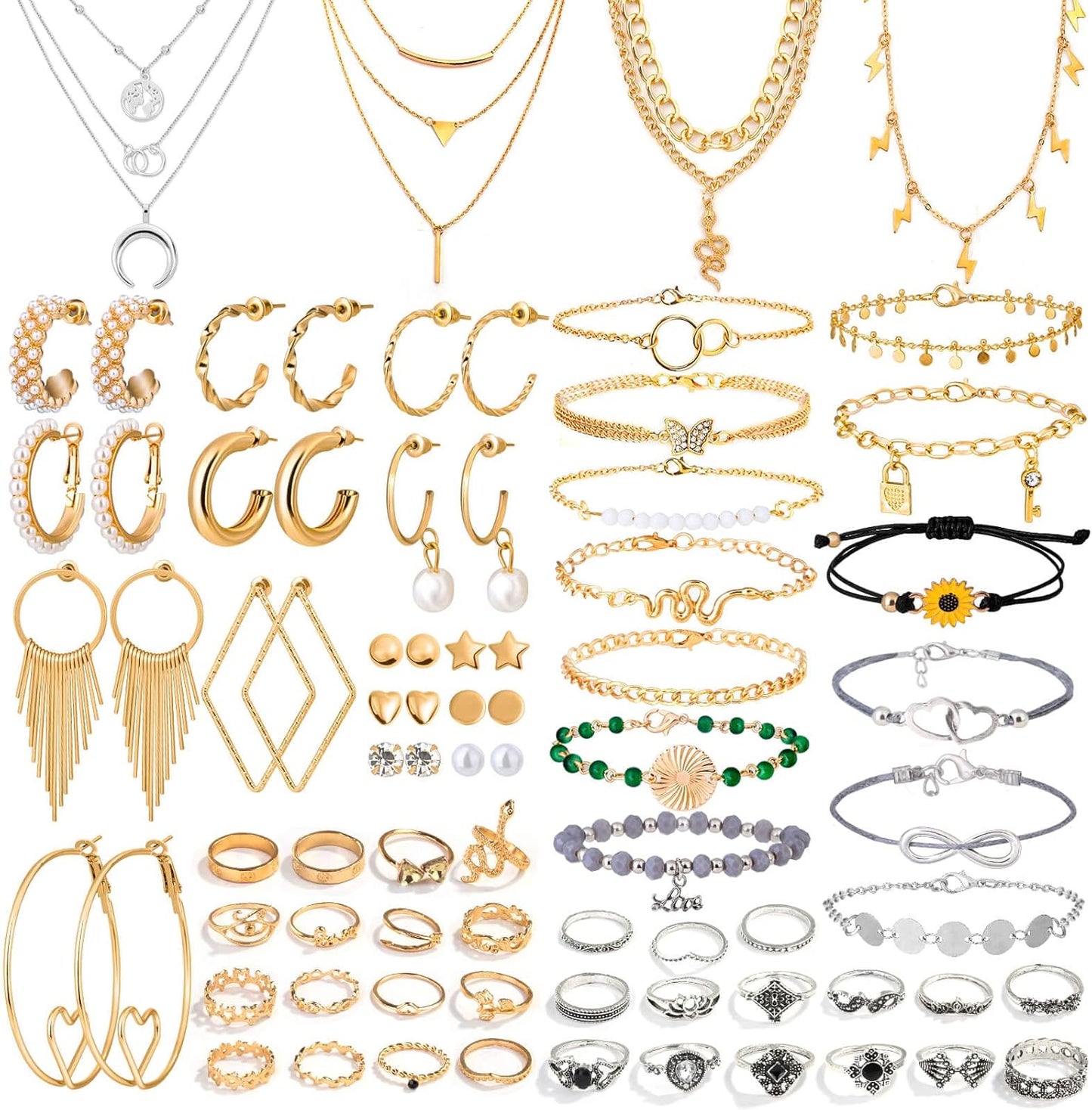 63 Pack of Jewelry Set for Women, Including 15 Pairs Fashion Earrings, 4 Pack Cute Necklaces, 13Pc Aesthetic Bracelets/Anklets and 31Pc Dainty Rings, Trending Gift for Ladies