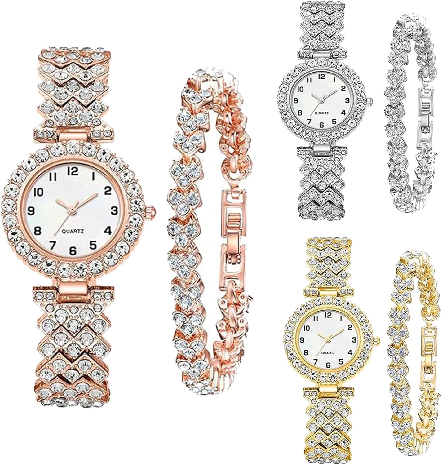 6 Pack Set Diamond Watches and Bangle Bracelet for Women Analog Quartz Wristwatch Jewelry Assorted Wholesales Silver Rosy Gold Ladies