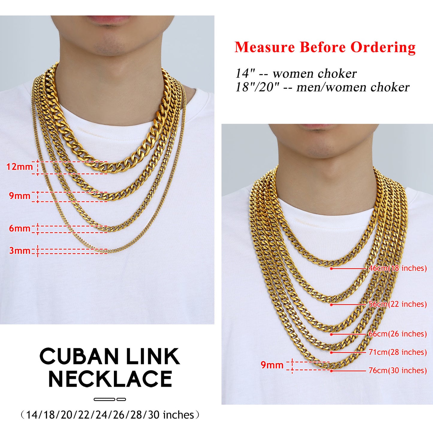 Mens Hip Hop Necklace 9Mm Miami Unisex Curb Cuban Link Chain，316L Stainless Steel