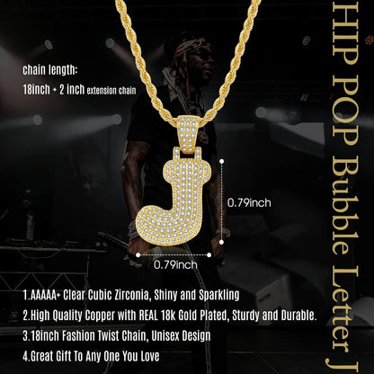 Gold Chain Letter J Bubble Letter Chain 18K Gold Chain with Bubble Letters, AAA+ Cubic Zirconia Hip Hop Letter Necklace, Iced Out Letter Chain for Men, Hip Hop Jewelry for Men Women