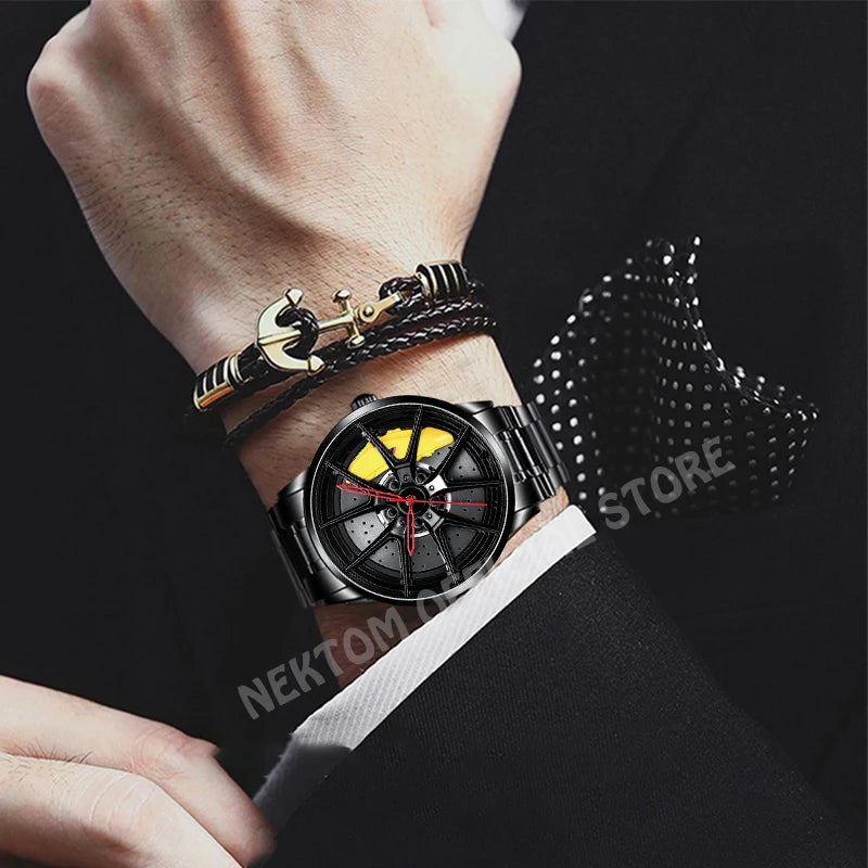 NEKTOM Men's Luxury Sports Car Quartz Wristwatch - Waterproof Design with Rim Hub Wheel Aesthetic