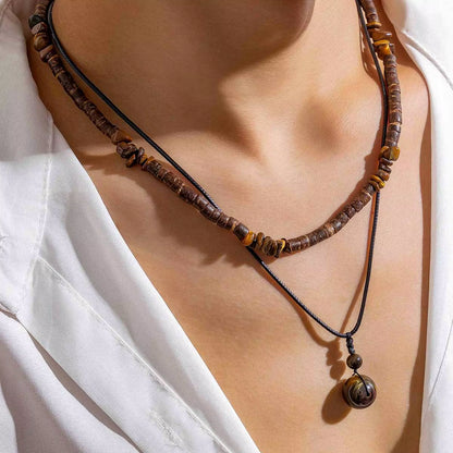 Vintage Ethnic Geometric Gravel Chain Clavicle Necklace Boho Coconut Shell Wood Bead Chain Necklace Men'S Neck Jewelry